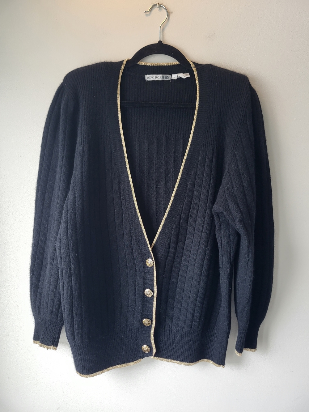 Black Ribbed Ballon Sleeve V-Neck Cardigan with Gold Trim Sz Lg